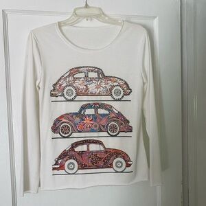 Long Sleeve VW Bug Car Print Shirt - White